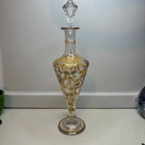 Antique Bohemian Clear glass Enamel Beaker Gilded Chrysanthemum Decanter 12.5”H